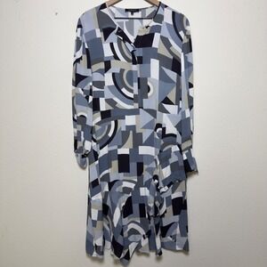 Lafayette 148 Women Dress 14 Blue Geometric Asymmetrical Ruffle Hem Long Sleeve